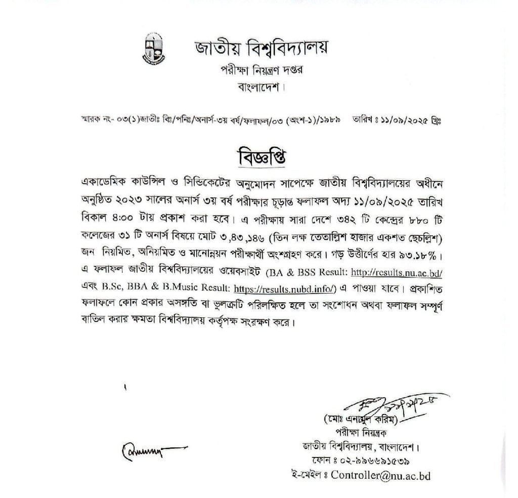 NU Honours 3rd Year Result 2025